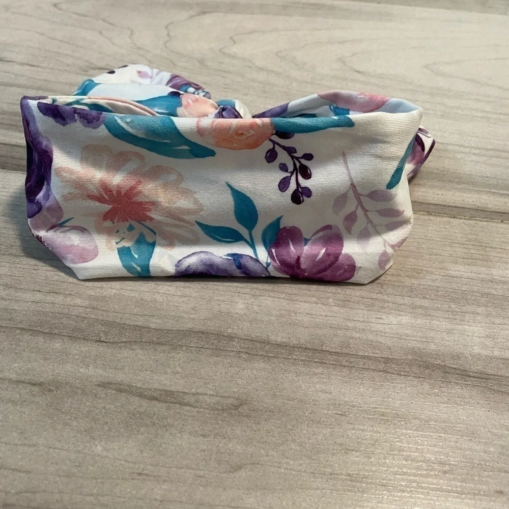 White With Blue and Purple Floral Print Baby Headband With Bow